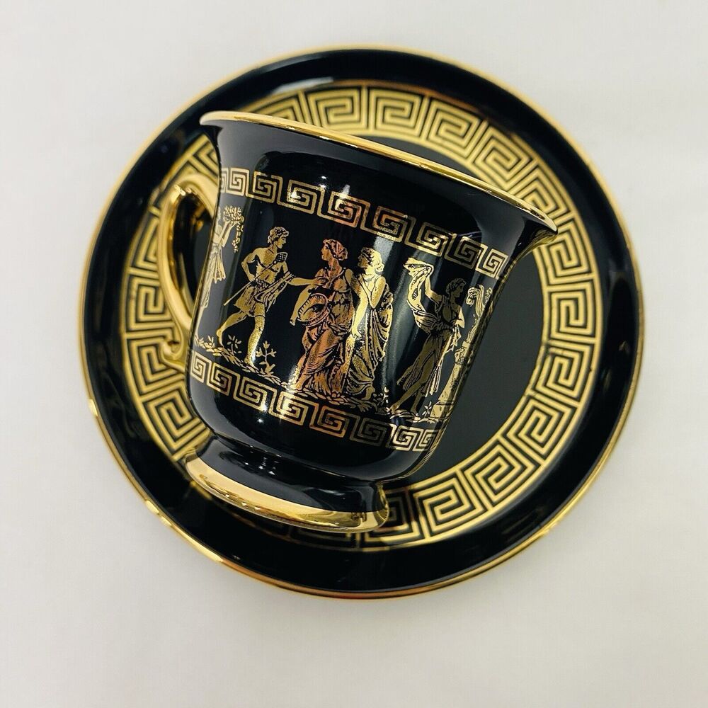 Black Greek Demitasse Cups & Saucers by AOE Hand made Greece 24k Gold Set of 2